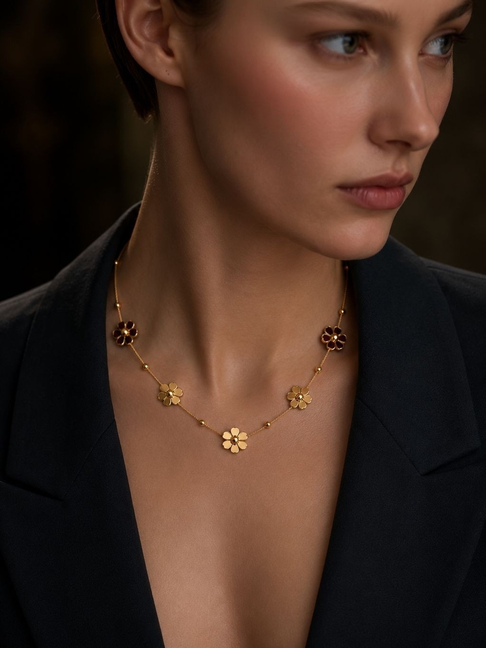 Gold Floral Station Necklace with Dark Center Accents